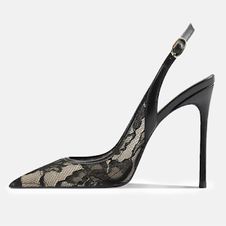 Stiletto preto de salto alto fino, com biqueira em ponta e detalhes rendados elegantes, ideal para looks sofisticados e ousados. Stiletto Rendado Preto: sensualidade em cada detalhe