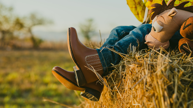 Quando as botas contam histórias de outono Pessoa sentada num fardo de palha ao pôr do sol, com calças de ganga e botas castanhas, segurando um peluche, num ambiente campestre e acolhedor de outono.