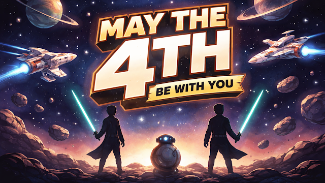 Ilustração espacial inspirada no Dia de Star Wars com o texto “May the 4th be with you”, personagens com espadas de luz, naves futuristas e planetas num céu cheio de estrelas.