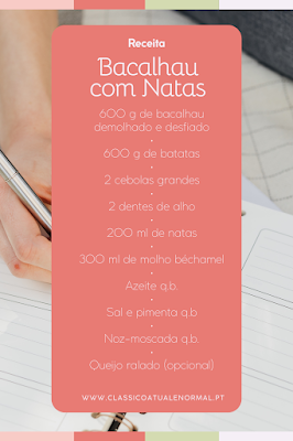 Imagem gráfica com a lista de ingredientes para a receita de bacalhau com natas, em fundo cor-de-rosa, incluindo bacalhau, batatas, cebolas, alho, natas, béchamel e temperos.