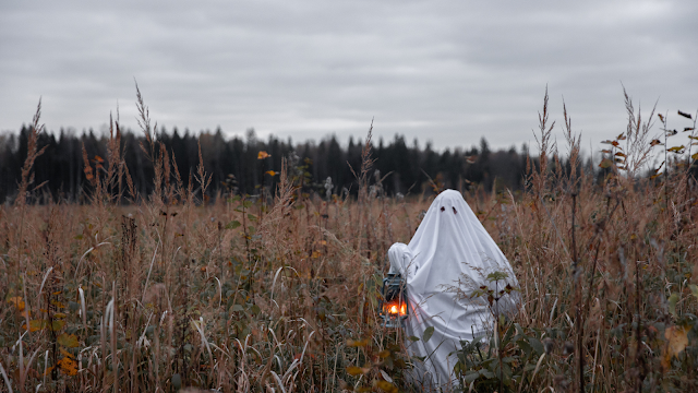 Pessoa disfarçada de fantasma com lençol branco e lanterna na mão, de pé num campo alto de ervas secas, num cenário outonal e sombrio.