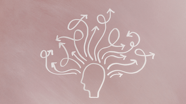 A complexidade da mente humana e os seus caminhos invisíveis Ilustração minimalista de uma cabeça humana com várias setas a sair da mente, representando pensamentos, confusão mental e a complexidade da saúde mental