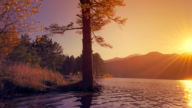 Pôr do sol sobre um lago tranquilo rodeado por árvores e montanhas, transmitindo paz e ligação com a natureza.
