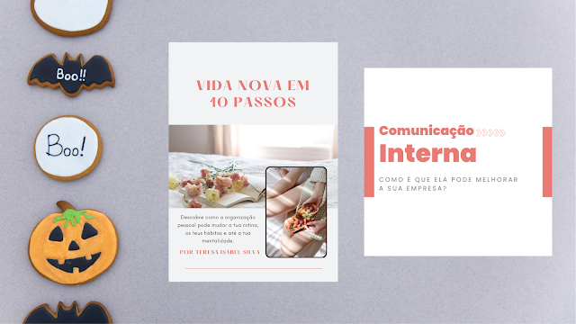 Imagem de campanha de Halloween com bolachas decoradas e destaque para o eBook ‘Vida Nova em 10 Passos’ e a aula online de Comunicação Interna, ambos com 30% de desconto.