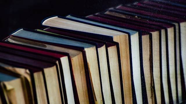 Uma fotografia em ângulo diagonal mostrando uma fileira de livros antigos organizados lado a lado. A imagem foca nas páginas amareladas pelo tempo e nas lombadas em tons escuros de vinho e azul. A iluminação destaca a textura do papel e cria um efeito de profundidade, com o fundo em tons escuros e sombras profundas, sugerindo uma atmosfera de biblioteca clássica ou arquivo histórico.