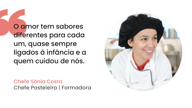 Retrato da Chef Sónia Costa, pasteleira e formadora, a sorrir na cozinha, associando o amor aos sabores da infância e às memórias familiares.