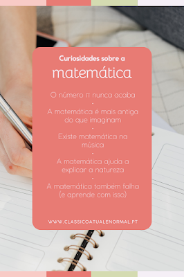 Imagem com lista de curiosidades sobre a matemática, incluindo o número pi, a relação com a música e a natureza, sobre um caderno aberto e uma mão a escrever