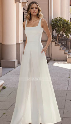 Vestido de noiva em cetim minimalista Mulher com vestido de noiva em cetim branco, corte minimalista e elegante, ideal para casamentos modernos.