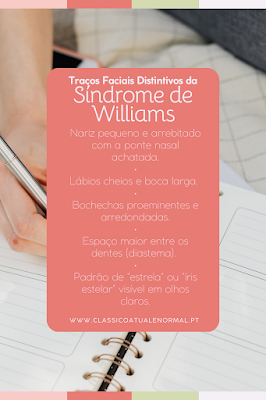 Infográfico com fundo rosa sobre um caderno, listando características faciais da Síndrome de Williams: nariz pequeno e arrebitado, lábios cheios, bochechas proeminentes, diastema e padrão de íris estelar.