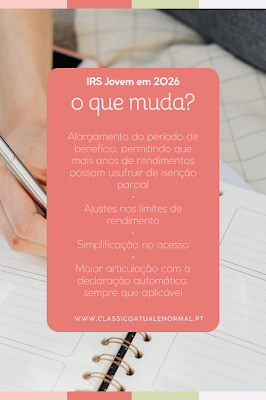 Imagem informativa sobre o IRS Jovem em 2026, com destaque para as principais alterações, incluindo o alargamento do período de benefício, ajustes nos limites de rendimento, simplificação no acesso e maior articulação com a declaração automática.