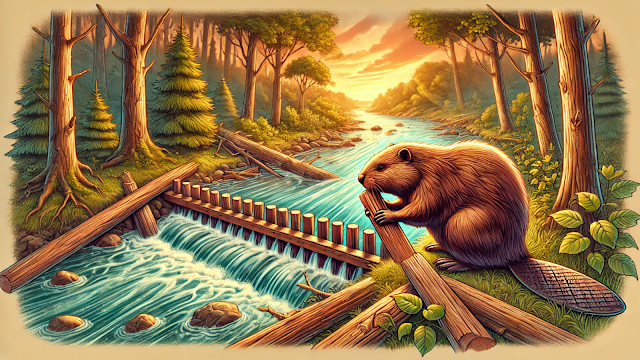 Ilustração de um castor a construir um dique num rio, rodeado por uma floresta verdejante. A imagem destaca o papel do castor como engenheiro da natureza e a sua importância para o ecossistema.