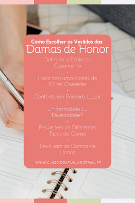 Infográfico com fundo cor-de-rosa salmão contendo um checklist de seis pontos para escolher vestidos de damas de honor, incluindo tópicos como 'Definam o Estilo do Casamento', 'Escolham uma Paleta de Cores Coerente' e 'Envolvam as Damas de Honor'.
