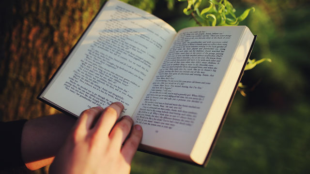 Pessoa a ler um livro ao ar livre, representando um momento de pausa e concentração, associado à criação do hábito da leitura no dia a dia.