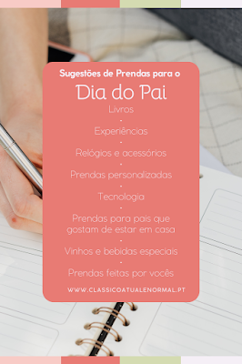 Imagem com lista de sugestões de prendas para o Dia do Pai, incluindo livros, experiências, relógios, tecnologia e prendas personalizadas