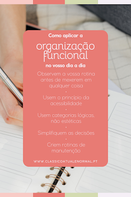 Design informativo com dicas práticas sobre como aplicar a organização funcional na rotina diária, incluindo observação da rotina, acessibilidade e simplificação das decisões.
