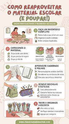 Infográfico vertical sobre como reaproveitar material escolar para poupar no regresso às aulas, utilizando tons de coral, rosa claro e verde seco. O design apresenta 5 passos ilustrados: 1) Fazer um inventário completo; 2) Categorizar o material (em bom estado, precisa de reparação e reciclagem); 3) Aproveitar cadernos e folhas limpas; 4) Renovar mochilas e estojos com lavagem e personalização; 5) Testar e organizar o material de escrita. No rodapé, encontra-se o endereço do site classicoatualenormal.com.