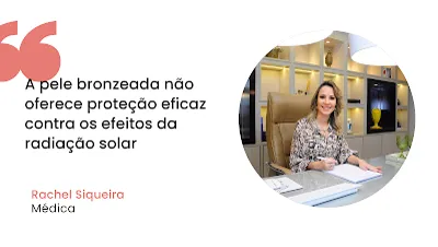 Retrato da Dra. Rachel Siqueira, médica especialista em medicina interna e estética, que ilustra as recomendações profissionais sobre proteção solar e saúde da pele no verão.