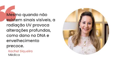Dra. Rachel Siqueira, médica, durante entrevista sobre prevenção do cancro de pele e o uso correto do protetor solar para evitar o fotoenvelhecimento.