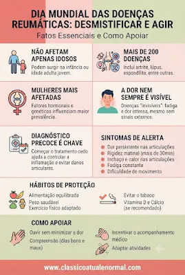 Infográfico: Dia Mundial das Doenças Reumáticas - Fatos e Apoio Infográfico vertical informativo com o título "Dia Mundial das Doenças Reumáticas: Desmistificar e Agir". O fundo é dividido nas cores pêssego, bege e verde-claro. O conteúdo está organizado em secções com ícones e texto em português de Portugal: "NÃO AFETAM APENAS IDOSOS": Ícone de um adulto e uma criança. Texto: "Podem surgir na infância ou idade adulta jovem." "MAIS DE 200 DOENÇAS": Ícone de articulações e células. Texto: "Inclui artrite, lúpus, espondilite, entre outras." "MULHERES MAIS AFETADAS": Símbolo feminino sobre uma articulação. Texto: "Fatores hormonais e genéticos influenciam maior prevalência." "A DOR NEM SEMPRE É VISÍVEL": Ícone de uma pessoa com semblante de dor. Texto: "Doenças 'invisíveis': fadiga e dor intensa, mesmo sem sinais externos." "DIAGNÓSTICO PRECOCE É CHAVE": Ícone de prancheta médica com visto. Texto: "Começar o tratamento cedo ajuda a controlar a inflamação e evitar danos articulares." "SINTOMAS DE ALERTA": Lista de sintomas com pontos vermelhos: Dor persistente, rigidez matinal, inchaço, fadiga, dificuldade de movimento. "HÁBITOS DE PROTEÇÃO": Ícones de alimentos saudáveis e um cigarro com proibição. Texto: Alimentação equilibrada, peso saudável, exercício adaptado, evitar tabaco, Vitamina D e Cálcio. "COMO APOIAR": Ícones de mãos dadas. Texto: Ouvir sem minimizar, compreensão, incentivar acompanhamento médico, adaptar atividades. No rodapé, o endereço do site "www.classicoatualenormal.com".