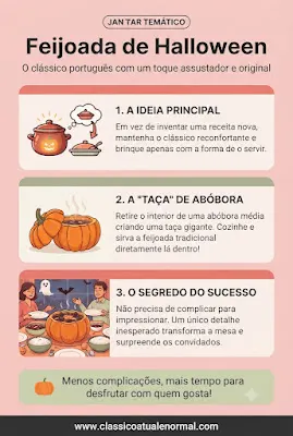 Infográfico vertical em tons de rosa suave e verde com ilustrações sobre como fazer uma feijoada de Halloween servida dentro de uma abóbora, com o título "Feijoada de Halloween" e o rodapé www.classicoatualenormal.com.