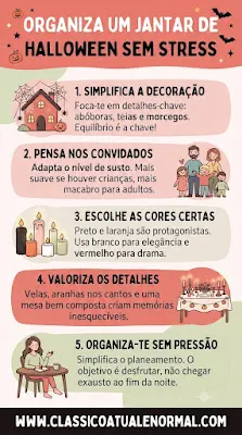 Infográfico vertical com fundo em tons suaves de rosa, verde e terracota, intitulado "ORGANIZA UM JANTAR DE HALLOWEEN SEM STRESS". O guia apresenta 5 passos ilustrados com texto em português de Portugal: 1. Simplifica a Decoração (casa com teias); 2. Pensa nos Convidados (família); 3. Escolhe as Cores Certas (velas coloridas); 4. Valoriza os Detalhes (mesa posta); 5. Organiza-te Sem Pressão (mulher a planear). No rodapé, lê-se o endereço "WWW.CLASSICOATUALENORMAL.COM".