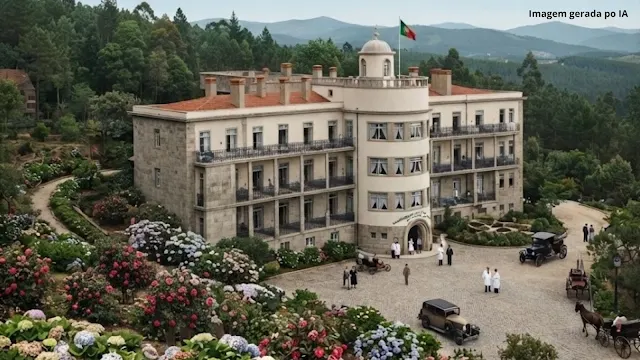 Imagem gerada por IA que retrata o Sanatório de Valongo em estilo clássico. O edifício de vários andares, com torre central e bandeira de Portugal no topo, está rodeado por jardins floridos com hortênsias e rosas. No pátio calcetado, encontram-se pessoas vestidas à época, automóveis antigos e uma carruagem de cavalos, tendo colinas verdes e arborizadas como fundo.